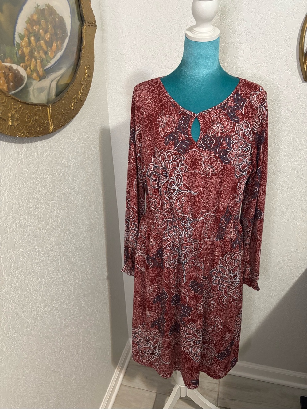 SJS Dress XL Red Shimmer Paisley Long Sleeve Coastal Prairie Excellent